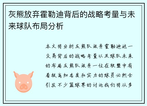 灰熊放弃霍勒迪背后的战略考量与未来球队布局分析 灰熊放弃霍勒迪背后的战略考量与未来球队布局分析